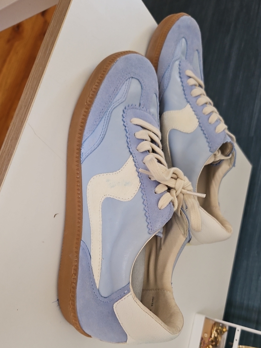 Light Blue and Cream Women's Suede-Trim Sneakers